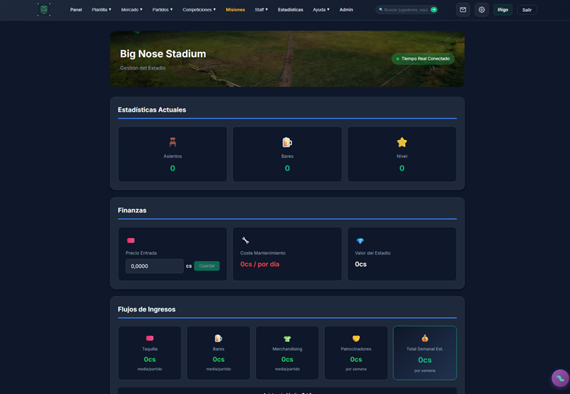 Vista dello stadio e gestione strutture in Club Simulator