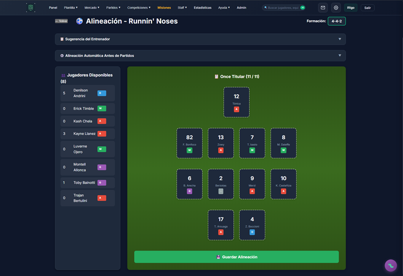 Schermata di gestione formazione e tattiche in Club Simulator